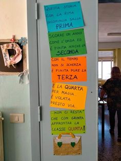 the door is decorated with colorful papers and magnets for spanish language students to use