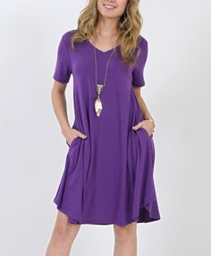 Women's Purple Pocket Dress: S-3XL Elegant Purple Mini Dress With Short Sleeves, Elegant Short-sleeved Purple Mini Dress, Short Sleeve Shift Mini Dress, Chic Purple Mini Dress With Short Sleeves, Casual Purple Dress, Purple Dress Casual, Shift Dresses For Women, Tops For Women Long, Purple Crewneck