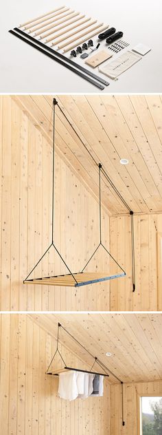 three pictures of the inside of a room with wood paneling and hanging utensils