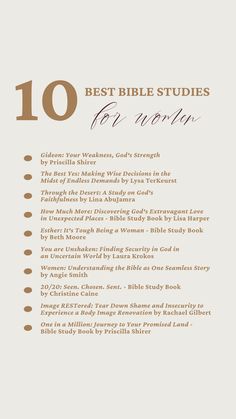 the 10 best bible studies for women in brown and white text on a beige background