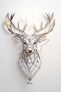 the head of a deer made out of geometric shapes on a white background with gold accents