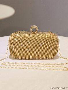 BagForLove - Party & Wedding Chain Clutch: Womens Gold Tone Bag with Rhinestone Embellishments Rhinestone Chain, Rhinestone Embellishments, Print Box, Word Wrap, Box Bag, Evening Clutch, Gold Details, Chain Styles, Party Wedding