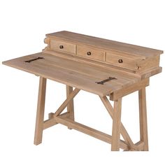 a wooden table with drawers on it