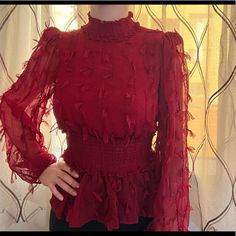 With Tags Never Worn Perfect Condition Trendy Red Winter Blouse, Chic Red Long Sleeve Blouse, Burgundy Tops For Fall Party, Burgundy Top For Fall Party, Fall Party Burgundy Top, Red Winter Blouse For Party, Red Winter Party Blouse, Zara Winter Party Blouse, Zara Blouse For Fall