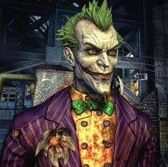 the joker in batman ark is wearing a purple suit and green hair