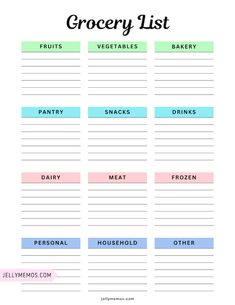 the grocery list is shown in pink, blue and green with text that reads grocery list