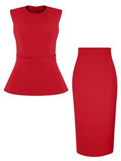 You will fall in love with this elegant red two-piece set that emanates timeless sophistication.  The pretty sleeveless top has a stylish dart neckline that stands out. The fitted waist is followed by a flared hem to highlight the beauty and elegance of your shapes. It features an optional detachable belt that gives you extra freedom in choosing how to style the design.   Simply feminine and highly versatile, the classic pencil midi skirt is crafted from the same luxurious stretch crêpe fabric in a figure-hugging silhouette. It is high-waisted and fully lined with silky satin for comfort. Hand wash only. Wash inside out with like colours. Do not wring or twist. Do not tumble dry. Iron at 160°C max or use press cloth. Do not bleach. Professional dry clean. Chic Fitted Sleeveless Sets, Elegant Red Office Sets, Chic Sleeveless Evening Set, Elegant Red Sets, Red Sleeveless Office Dress, Red Sleeveless Top, Pencil Midi Skirt, Midi Skirt Set, Red Two Piece