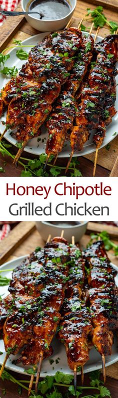 honey chipotle grilled chicken on skewers with garnishes