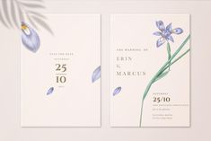 two wedding cards with blue flowers on them