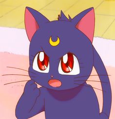 a blue cat with red eyes and yellow eyes