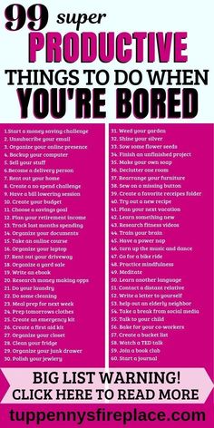 a pink poster with the words 99 super productive things to do when you're bored