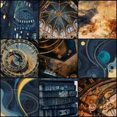 many different pictures of clocks and other things in the same photo, including an artistic painting