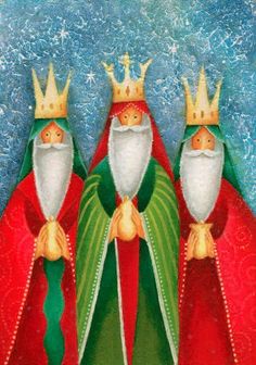 three wise men with crowns on their heads are standing in front of a blue background