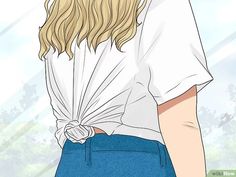 a woman with blonde hair wearing a white shirt and blue skirt, looking down at the ground