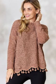 Tassel Trim Long Sleeve Sweater – Via Vay Boutique Scallop Design, Mocha Latte, Cozy Chic, Softest Sweater, Basic Style, Look Chic, Sleeve Sweater, Perfect Outfit, Stretchy Material