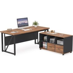 a computer desk with a laptop on top of it next to a book shelf and file cabinet