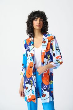 A true statement piece, this bold open blazer will elevate any ensemble. Distinguished by an alluring face-print design, this flowy woven blazer features sleek side slits, three-quarter tab sleeves, and delicate D-ring detail, all combined to add sophistication to this new wardrobe favourite. DETAILS & CARE 100% Polyester Flowy woven fabric Notched collar Three-quarter tab sleeves Unlined Hand wash in cold water with like colors Do not bleach Hang to dry in the shade Do not tumble dry Do not iro Spring Printed Blazer With Notch Lapel, Printed Notch Lapel Blazer For Work, Printed Blazer For Workwear In Fall, Floral Print Fall Office Blazer, Chic Office Blazer With Floral Print, Spring Office Blazer With Floral Print, Summer Floral Print Blazer For Work, Chic Fitted Printed Outerwear, Chic Fitted Printed Blazer