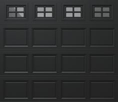 a black garage door with four windows