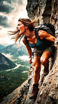 a woman climbing up the side of a mountain with her mouth wide open and tongue out