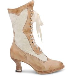 Tawny leather and white lace come together to create the Abigale Victorian Inspired Boots in Bone Rustic - a luxe, ladylike shoe that is inspired by authentic Victorian footwear. Perfect for garden parties, vintage-inspired weddings, and other upscale events, you’ll be simply captivated by their enduring sense of style. Fabric Rich, hand finished vegetable tanned leather. Goodyear welted leather outsole, leather wrapped heel. Lace inlay, w/ satin laces, and speed lace hooks, a second set of lace Steampunk Boots, Victorian Shoes, Granny Boots, Victorian Boots, Vintage Style Shoes, Victorian Lace, Wrap Heels, Vintage Boots, Leather Lace