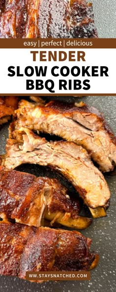 tender slow cooker bbq ribs with text overlay