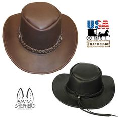 AUSSIE OUTBACK HAT ~ Leather Cowboy Bush Style in BROWN & BLACK Brown Leather Fedora Hat, Leather Wide Brim Hat With Leather Sweatband, Western Hats With Leather Lining And Adjustable Fit, Western Hat With Adjustable Leather Lining, Adjustable Western Hat With Leather Lining, Outdoor Leather Hat Bands With Sweatband, Adjustable Leather Hat For Fall, Adjustable Leather Fall Hats, Brown Leather Hat Band With Sweatband