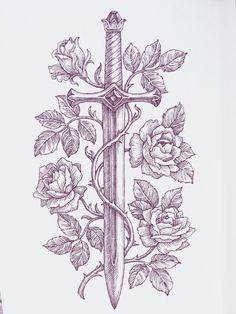 Sward Flower Tattoo, Dagger Sternum Tattoo Women, Dagger And Flower Tattoo, Dager Tattoos For Women, Flower Dagger Tattoo, Dagger With Flowers Tattoo, Dagger Flower Tattoo, Floral Dagger Tattoo, Medevil Tattoo Designs