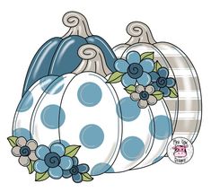 a blue and white pumpkin with flowers on it's side, sitting in front of a striped background