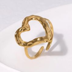 Heart-Shaped Ring Made Of 18k Gold Plated. Adjustable Size 7 To 8 Gold Open Heart Ring, Gold Heart-shaped Open Ring For Valentine's Day, Gold Open Heart Ring For Valentine's Day, Trendy Gold Heart Ring For Gift, Trendy Gold Heart Ring For Anniversary, Trendy Gold Heart Ring For Valentine's Day, Trendy Gold Heart Promise Ring, Summer Wedding Jewelry, Open Ring Gold