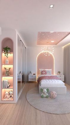 a bedroom with a bed, shelves and lights on the wall next to each other