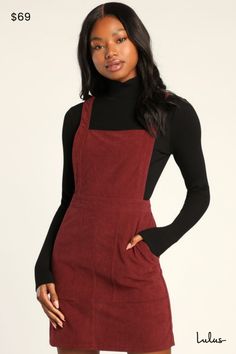 The Lulus Embracing Autumn Burgundy Corduroy Pinafore Mini Dress is the overall winner for the cutest look this season! This trendy pinafore dress has a velvety corduroy composition that shapes an apron-style bodice, a square neckline, and wide straps. A banded waist tops a figure-skimming mini skirt with front porkchop pockets. Exposed silver back zipper. Layer with a mock neck top for a retro 'fit! Fit: This garment fits true to size. Length: Mid-thigh. Size medium measures 33.25" from shoulder to hem. Bust: Great for any cup size. Waist: Fitted - very fitted at natural waist. Hip: Loosely Fitted. Fabric: Fabric has no stretch. Unlined. 97% Polyester, 3% Spandex. Hand Wash Cold. Do Not Bleach. Line Dry. Iron Low Heat. Imported. Lulus | Embracing Autumn Burgundy Corduroy Pinafore Mini Dre Autumn Chocolate, Skater Dress Outfit, Corduroy Pinafore, Corduroy Pinafore Dress, Corduroy Top, Island Fashion, Lulu Fashion, Stylish Work Outfits, Corduroy Dress