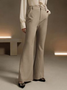 Elegant Flared Urban Style Women's Suit Pants Khaki    Woven Fabric Plain Flare Leg Slight Stretch  Women Clothing, size features are:Bust: ,Length: ,Sleeve Length: Women Suit Pants, Open Shoulder Sweater, Urban Fashion Women, Casual Tie, Pantsuits For Women, Bell Bottom Pants, Suit Pants, Urban Style, Bell Bottom