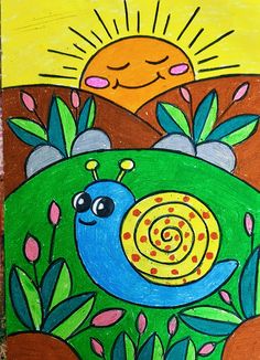 a painting of a blue bird with a yellow sun in the background and green grass