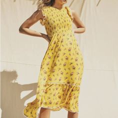 Lost + Wander Yellow Printed Smocked Midi Dress Size M. No Tags But Never Worn. 44" Length ( Size Medium) Hidden Back-Zip Closure Jewel Neck Cap Sleeves Partially Lined 100% Cotton Hand Wash, Line Dry Flowy Smocked Dress With Smocked Back For Garden Party, Yellow Smocked Bodice Flowy Dress, Yellow Flowy Dress With Smocked Bodice, Yellow Smocked Fitted Dress, Flowy Yellow Dress With Smocked Bodice, Bohemian Smocked Dress With Ruffle Hem For Garden Party, Fitted Smock Yellow Dress, Yellow Fitted Smock Dress, Fitted Yellow Smock Dress