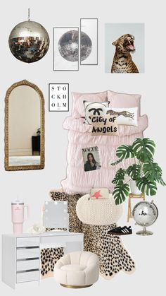 a bedroom with pink and white decor on the walls, leopard print bedding, mirror,