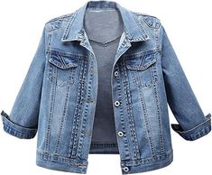 PRICES MAY VARY. Made with strechable mid-weight washed cotton, no any sense of bondage Front button down closure, casual fashion distressed 3/4 inch sleeve short jean jacket for women Three quarter sleeves or roll up as half sleeves, cute and sweet to pair with camis, sleeveless dresses, bralette,shirts, etc. Two chest pockets, slim fit, figure flattering,classic basic original short sleeve cropped denim jean biker cardigan jackets outerwear for women girls juniors teens All items are US SIZE; Shrug Top, Fleece Denim Jacket, Denim Trucker Jacket, Denim Overall Dress, Denim Chic, Distressed Denim Jacket, Cropped Denim Jacket, Women Tunic Tops, Jeans Material