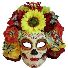 Celebrate Día de Los Muertos in style with the Reina de Flores Mask! You're the Queen of Flowers in this sugar skull mask featuring a big crown of flowers with butterflies. Day of the Dead Reina de Flores Mask product details:  Plastic and fabric One size fits most teens and adults Sugar Skull Mask, Purple Flower Crown, Flowers With Butterflies, Crown Of Flowers, School Holiday Party, Sugar Skull Costume, Day Of The Dead Halloween, Fabric Flower Bouquet, Big Crown