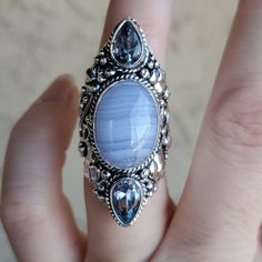 Brand New Handmade Oversized Blue Lace Agate And Faceted Amethyst Silver Statement Ring. Size 7 - 7.25 925 Stamped New To Poshmark? Use Referral Code Kimberlyn222 To Receive $10. Blue Bohemian Jewelry With Accent Stones, Silver Gemstones With Large Stone, Blue Sterling Silver Crystal Ring With Natural Stones, Blue Natural Stone Crystal Ring In Sterling Silver, Bohemian Purple Agate Jewelry, Lace Agate Jewelry, Luxury Blue Agate Jewelry, Strawberry Ring, Blue Lace Agate Jewelry