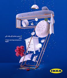 an advertisement for ikea with balloons and items in the shape of a clock on a blue background