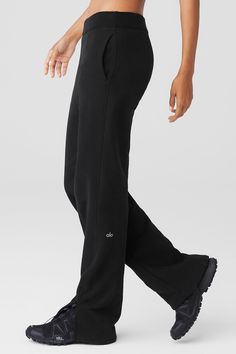 A new off-duty fave. Made from warm, heavyweight French terry, the High-Waist Free Time Straight Leg Sweatpant features tailored seams down the center front & back, an internal drawcord and flirty side slits on the bottom hems to show off your kicks. A longer-length inseam wears slightly baggy for a relaxed look. Pair it with cool crewnecks and cozy hoodies on repeat. Womens Black Pants, Back Women, On Repeat, Alo Yoga, Senior Year, Yoga Wear, Free Time, Yoga Women, Relaxed Style