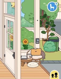 an open door to a living room with plants and flowers on the windowsills