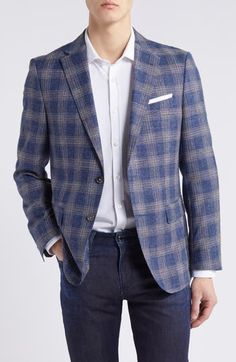 A slubbed blend of wool, cotton and linen brings relaxed versatility to a sport coat that's patterned in a pale plaid and styled for warm-weather occasions. 29" length (size 42) Notched lapels Chest welt pocket; front flap pockets Side vents Partially lined 65% virgin wool, 27% cotton, 8% linen Dry clean Made in Turkey Hugo Boss/BOSS/HUGO has received the Fair Labor Association accreditation, which signifies that the company has effective systems and procedures in place to successfully uphold fa Plaid Wool Coat, Mens Wool Coats, Mens Plaid, Wool Plaid, Sport Coat, Wool Coat, Medium Blue, Welt Pocket, Hugo Boss