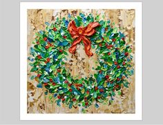 a painting of a christmas wreath with red bow