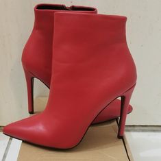 New Red Faux Leather Booties Size 10 Fit More Like A 9 In My Opinion Fast Shipper Always With Care Reasonable Offers Accepted On *Some* Items [ Use Offerbutton Only ] *Always Willing To Make A Brand New Listing For Any For Sure Serious Buyer To *Try* To Get You Discounted Shipping* Red High Heel Office Boots, Red Round Toe Office Boots, Red Round Toe Boots For Office, Red Faux Leather Closed Toe Heels, Trendy Red Pointed Toe Heeled Boots, Red Faux Leather High Heels, Red Pointed Toe Faux Leather Boots, Red High Heel Faux Leather Heels, Chic Red Faux Leather Boots