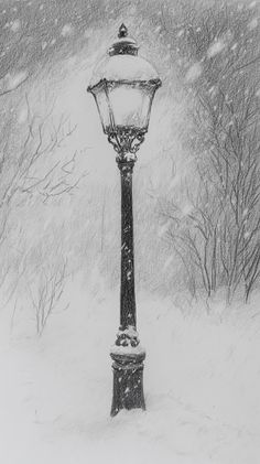 a drawing of a lamp post in the snow