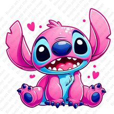 a pink and blue cartoon character with big eyes, sitting on the ground in front of hearts