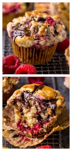 raspberry chocolate chip muffins on a cooling rack