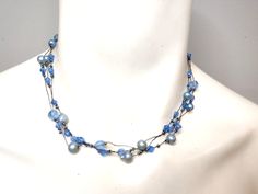 VINTAGE BLUE COLLAR NECKLACE LAYERED STATION BEADED ADJUSTABLE CHAIN Blue Beaded Chain Necklace Costume Jewelry, Vintage Blue Beaded Necklace Gift, Vintage Blue Beaded Chain Necklace, Luxury Vintage Blue Beaded Necklace, Vintage Blue Oval Bead Necklace, Light Blue Necklace, Necklace Layered, Blue Necklace, Collar Necklace