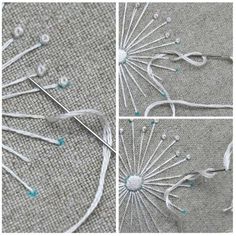 three pictures showing how to make a dandelion with beaded thread and beads