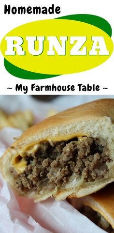 a close up of a sandwich with meat in the middle and text overlay reading homemade runza my farmhouse table